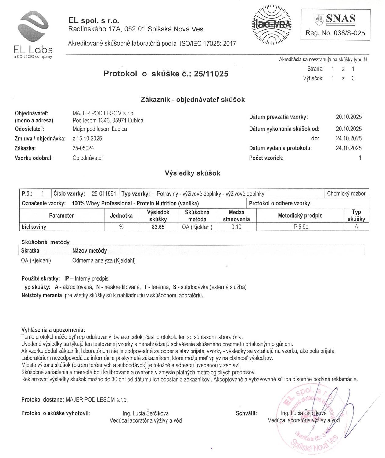 Protokol o skúške 100% Whey Professional, obsah bielkovín